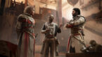 Basim and two other characters stand inside of a AC Brotherhood hideout talking