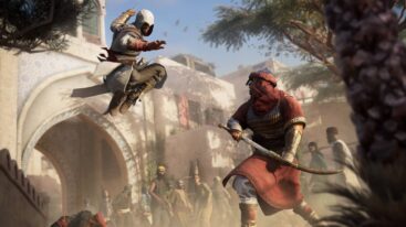 Basim leaps toward a guard as they draw their sword in Assassin's Creed Mirage