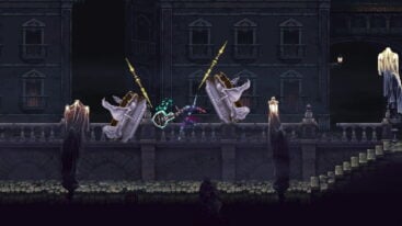 A screenshot from the game Blasphemous 2 with a character being flanked by two coffins wielding spears.