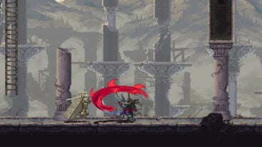 A screenshot of the Penitent One using a special movie against a statue in Blasphemous 2