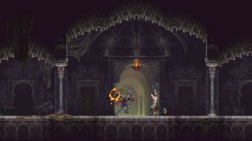 A screenshot of the game Blasphemous 2 as the Penitent One is about to use his flaming mace on an enemy.
