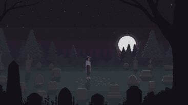 Fortuna stands alone in a graveyard as the moon sets behind her