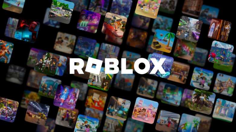 Roblox logo over a bunch of game icons from Roblox.