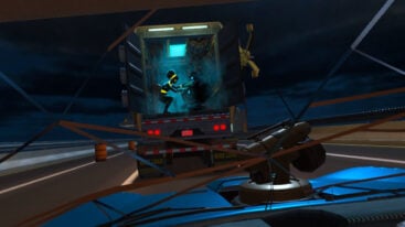 Prism and her robot sit in the back of a cargo truck with its doors open as the player views through a broken windshield