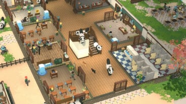 Let's School screenshot of a top view of the school with different classrooms, bathrooms, and a staircase. There are also multiple pandas on the stairs and cats roaming the halls