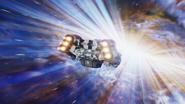 A player's ship travels through a beam of light, presumably in hyper speed