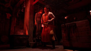 Leatherface stands with a chainsaw with a teen Victim hanging on the hook behind him in the Texas Chainsaw the massacre video game