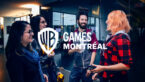 A picture of people in an office with the WB Games Montreal logo on top of the image