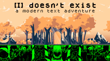 I Doesn't Exist a modern text adventure logo over a forest that has a transition line into a neon green surreal environment on the ground