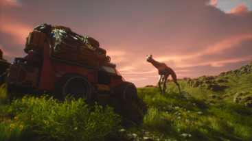 A player-made car is parked on grass as a creature with a long neck approaches them